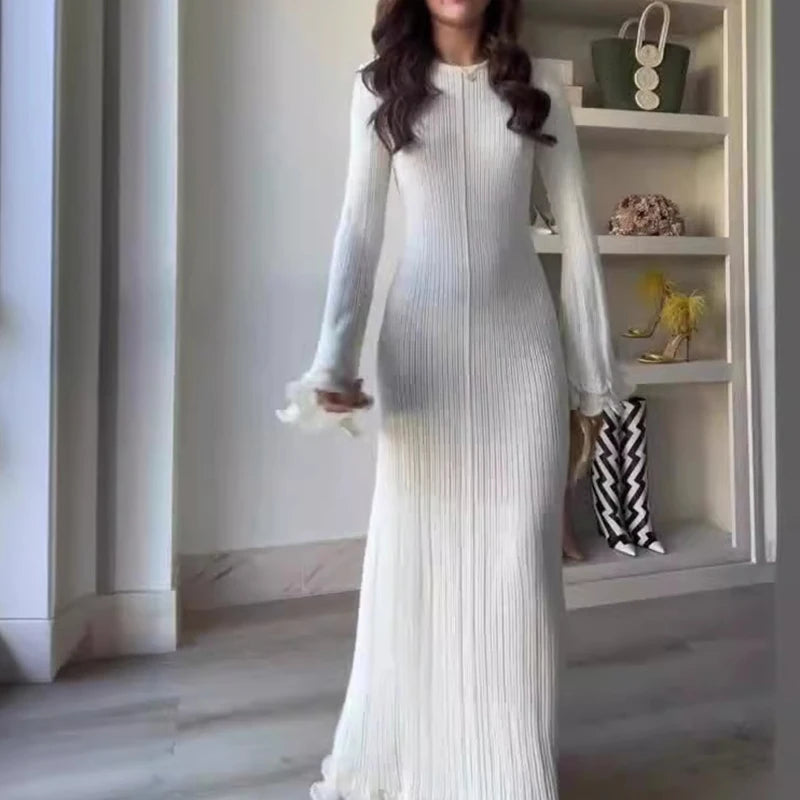 Elegant Ruffle Pleated Long Dress – Chic Autumn/Winter Party Outfit