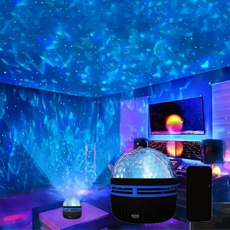 Aurora Galaxy Star Projector – 360° Rotating Night Light with Remote & Ocean Wave Effect