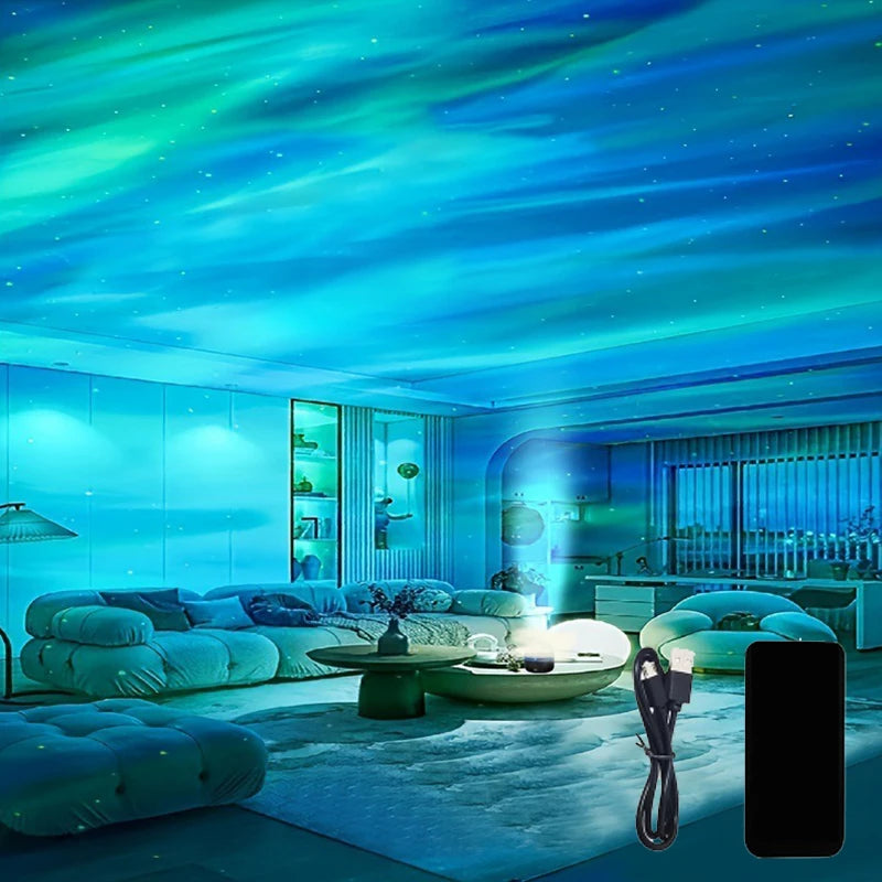 Aurora Galaxy Star Projector – 360° Rotating Night Light with Remote & Ocean Wave Effect