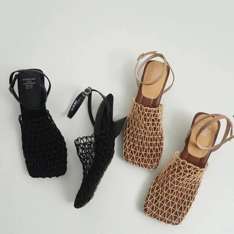 2024 Summer Luxury Women’s Square Toe Lace Mesh Braided Strap High Heel Sandals
