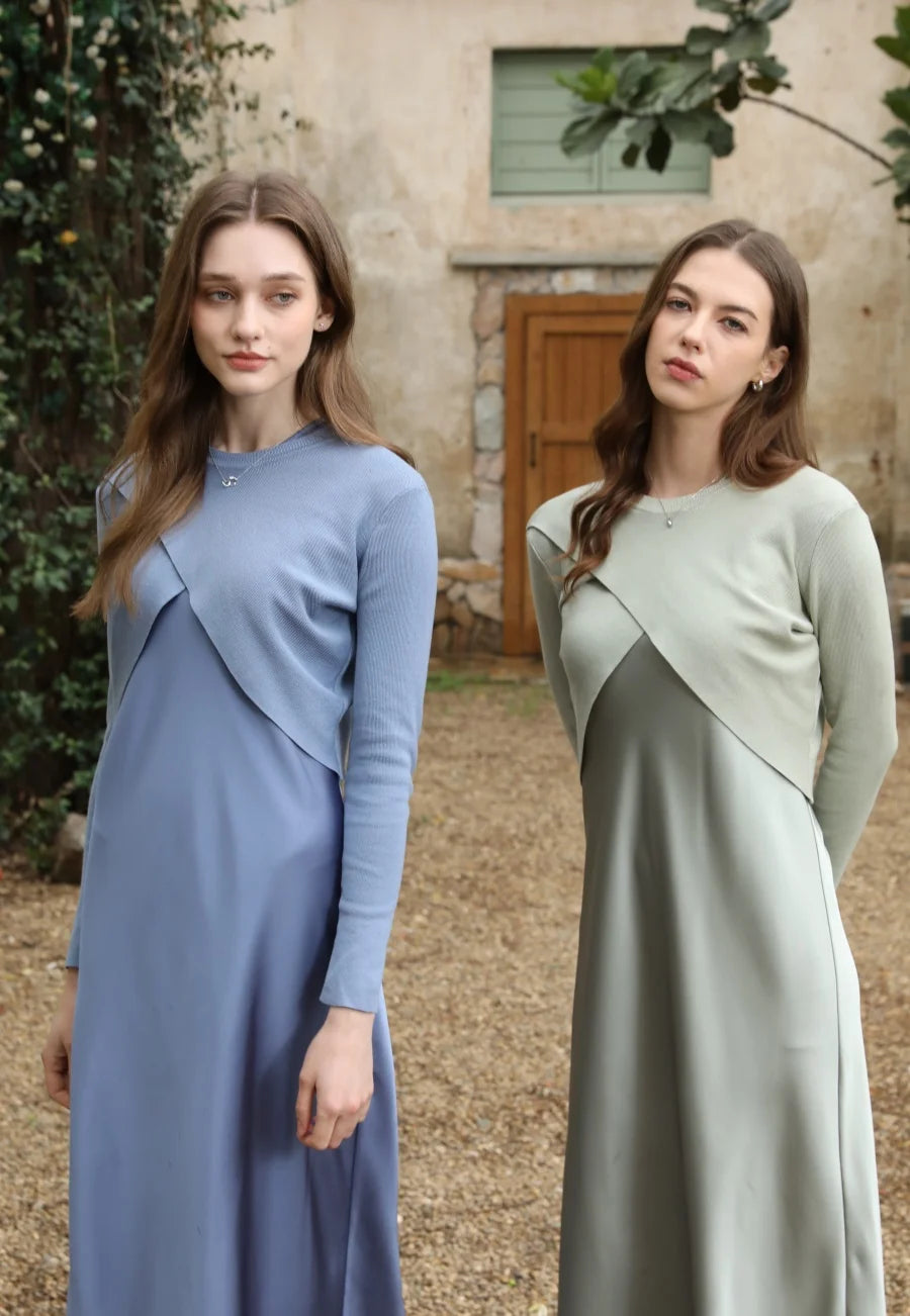 Elegant Satin Maxi Dress with Matching Knitted Top – 2-Piece Spring Summer Outfit for Women 2025