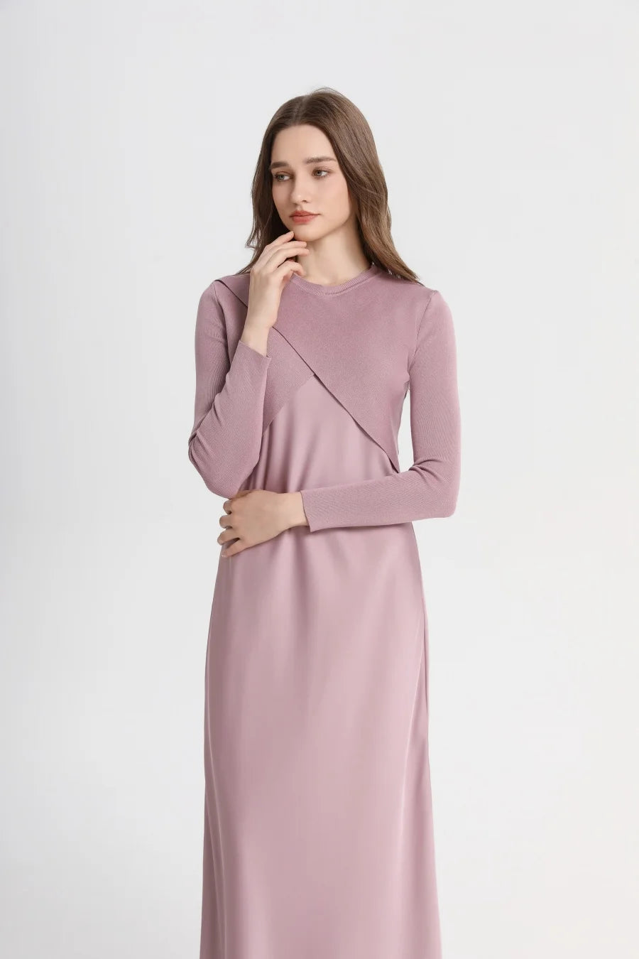 Elegant Satin Maxi Dress with Matching Knitted Top – 2-Piece Spring Summer Outfit for Women 2025