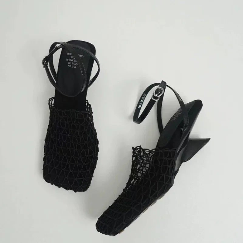 2024 Summer Luxury Women’s Square Toe Lace Mesh Braided Strap High Heel Sandals
