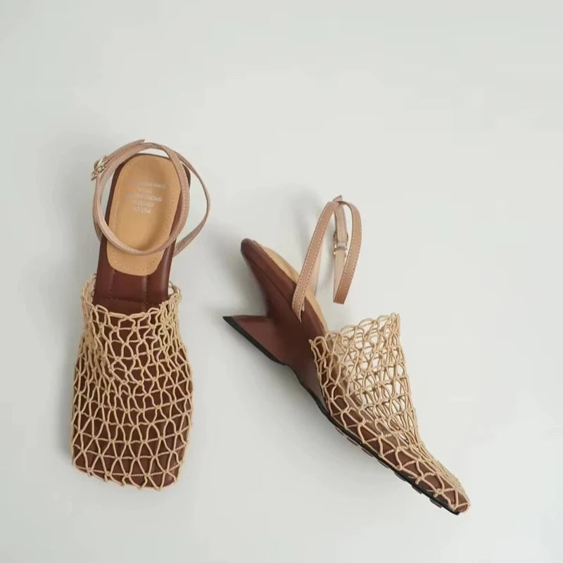 2024 Summer Luxury Women’s Square Toe Lace Mesh Braided Strap High Heel Sandals