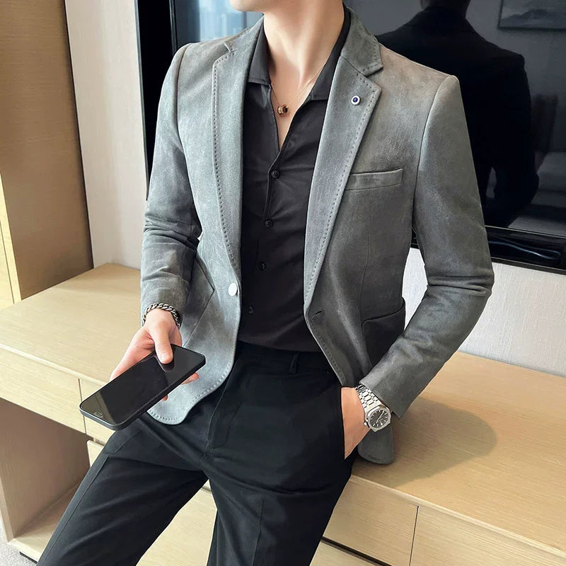 Men’s Slim Fit Velvet Blazer Coat – Luxury Deerskin Suit Jacket for Business, Casual & Wedding – Plus Size 4XL- S