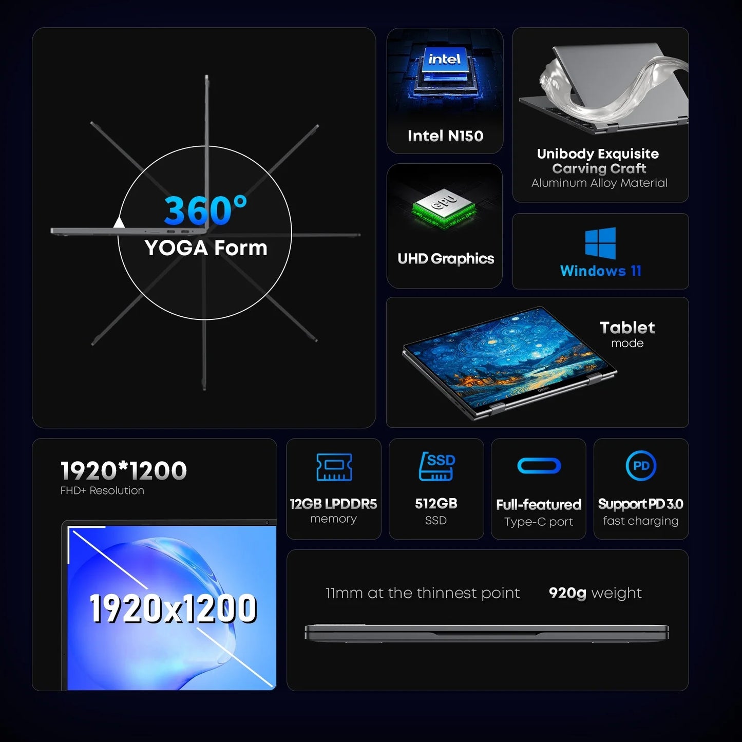 CHUWI MiniBook X 2-in-1 Laptop Tablet - 10.51" FHD IPS Screen, Intel N150 CPU, 12GB RAM, 512GB SSD, Windows 11