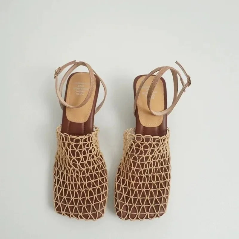 2024 Summer Luxury Women’s Square Toe Lace Mesh Braided Strap High Heel Sandals