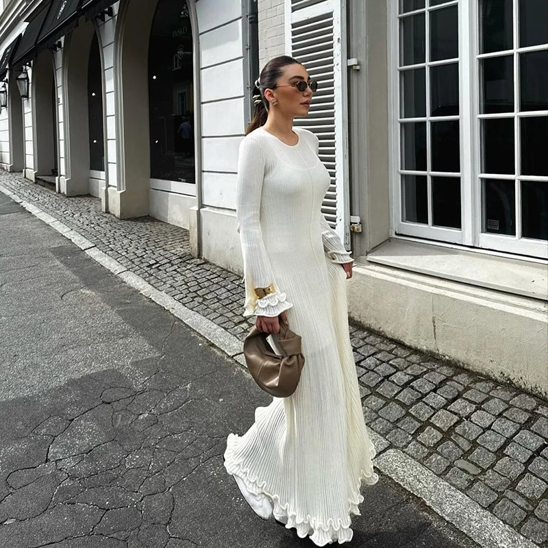 Elegant Ruffle Pleated Long Dress – Chic Autumn/Winter Party Outfit