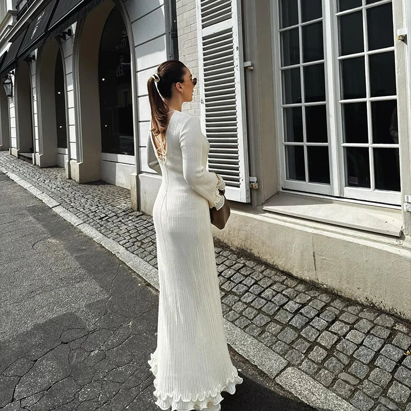 Elegant Ruffle Pleated Long Dress – Chic Autumn/Winter Party Outfit