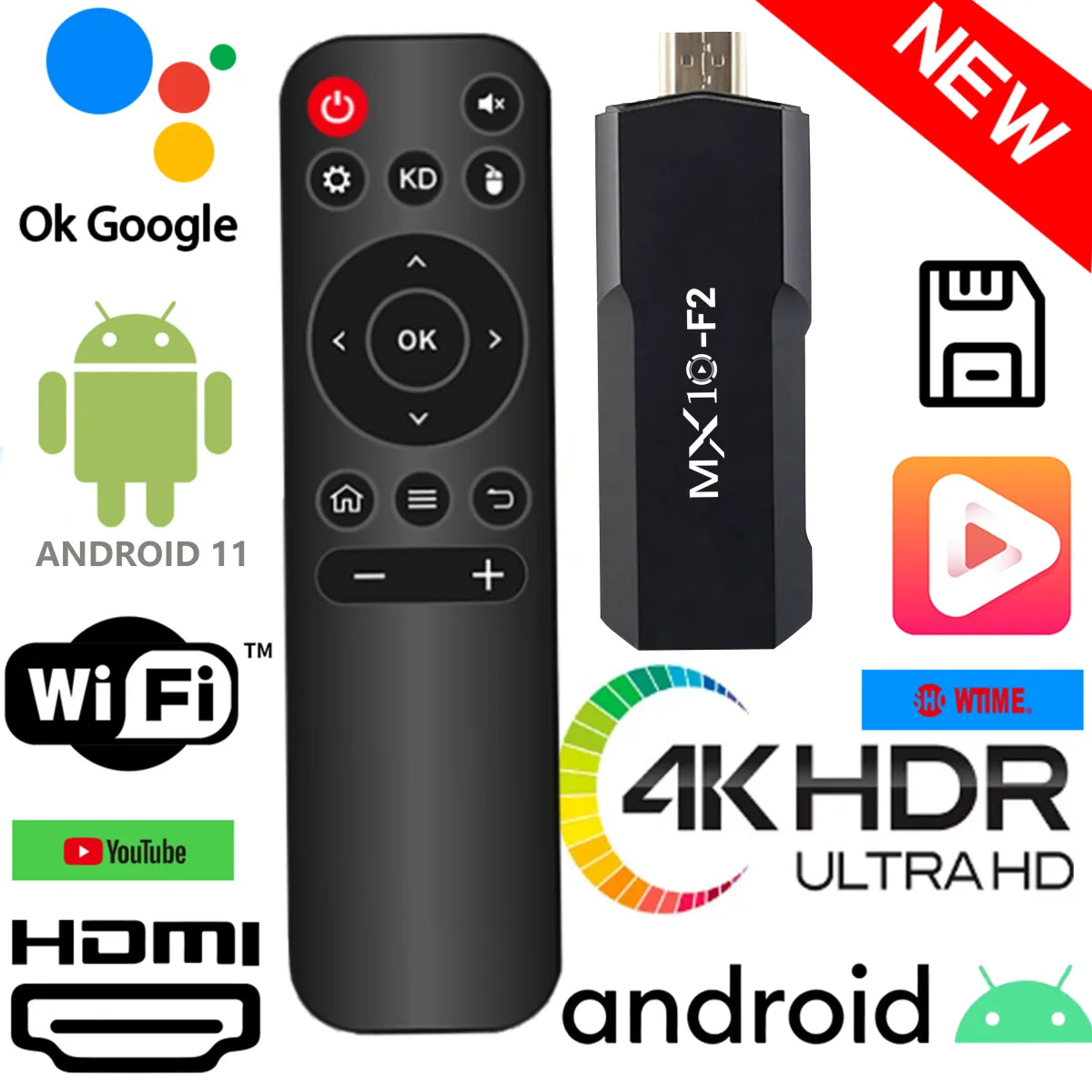Android 2024 TV Stick - 1GB RAM, 8GB Storage, 4K Support - MX10 F2 TV Box, EU Android Streaming Stick