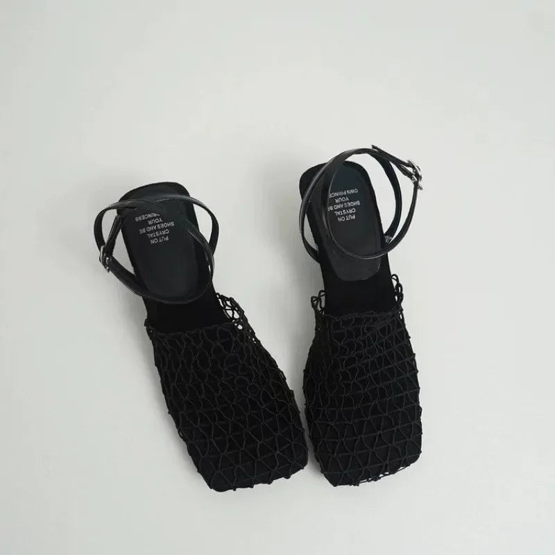 2024 Summer Luxury Women’s Square Toe Lace Mesh Braided Strap High Heel Sandals