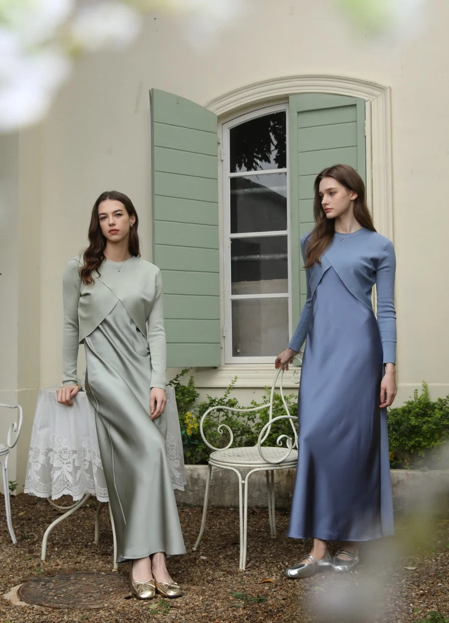 Elegant Satin Maxi Dress with Matching Knitted Top – 2-Piece Spring Summer Outfit for Women 2025