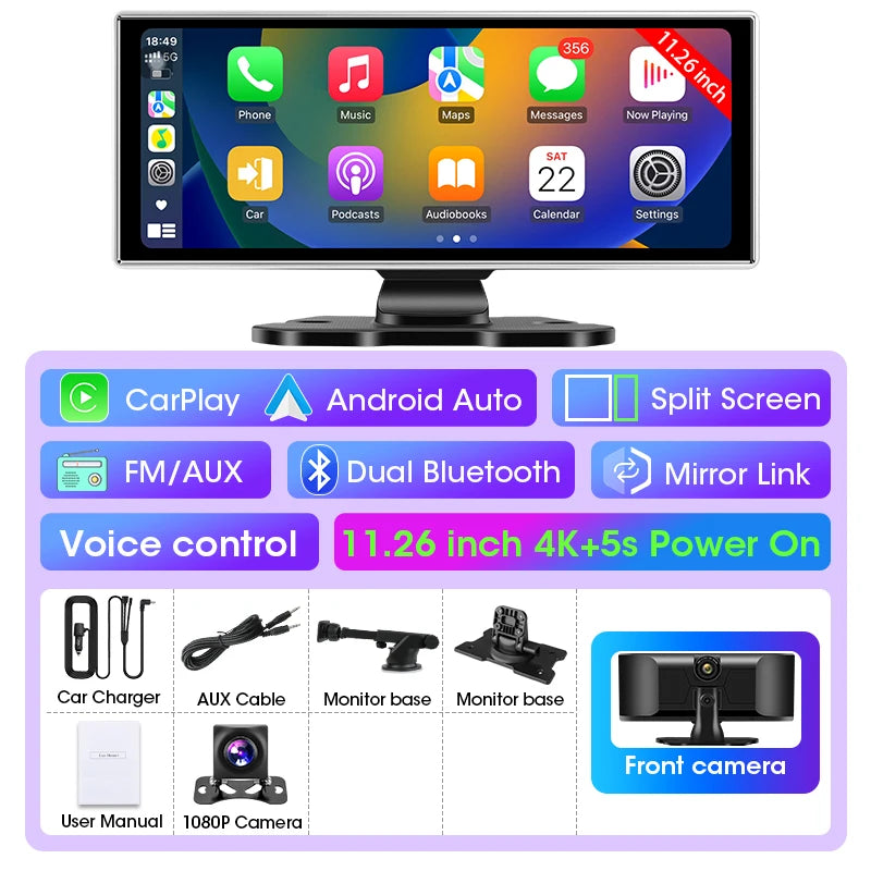 4K Smart Dash Cam with CarPlay & Android Auto | Dual Lens, GPS, WiFi & Navigation