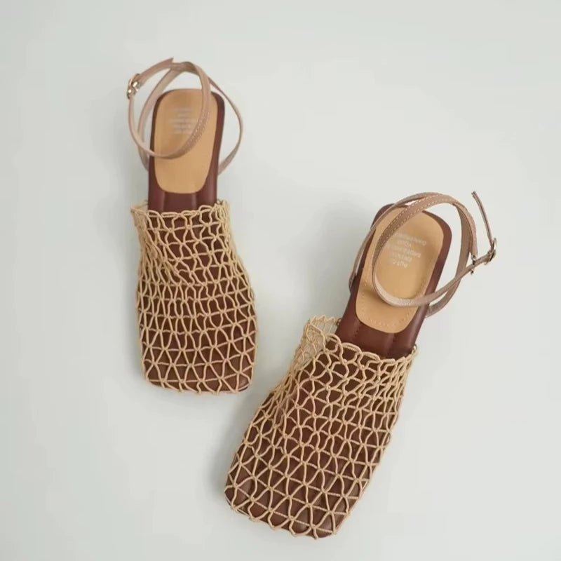2024 Summer Luxury Women’s Square Toe Lace Mesh Braided Strap High Heel Sandals