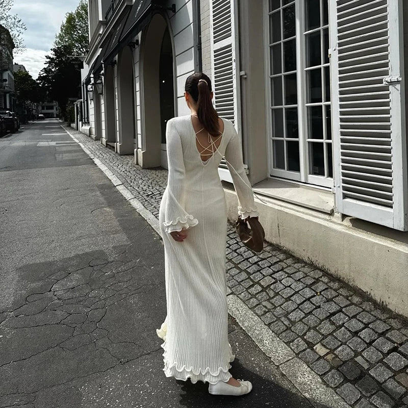 Elegant Ruffle Pleated Long Dress – Chic Autumn/Winter Party Outfit