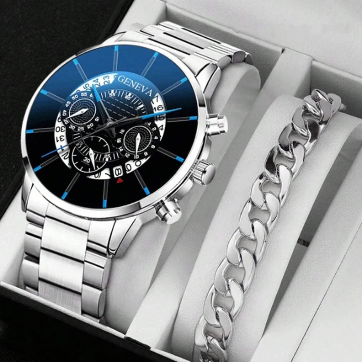 2pcs Luxury Men’s Stainless Steel Business Watches – Calendar & Quartz Movement