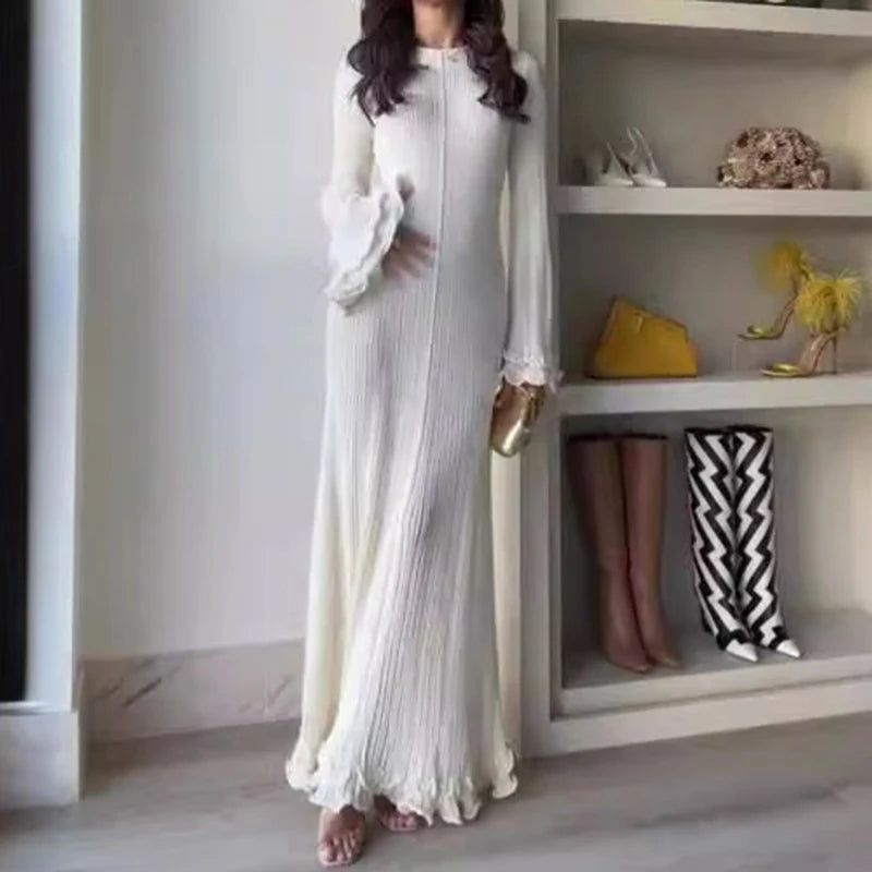 Elegant Ruffle Pleated Long Dress – Chic Autumn/Winter Party Outfit