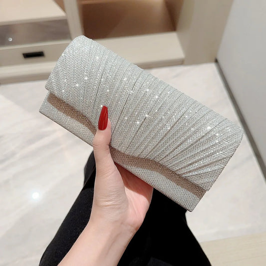Elegant Silver Glitter Clutch Bag with Chain Strap – Perfect for Weddings, Parties & Evening Events
