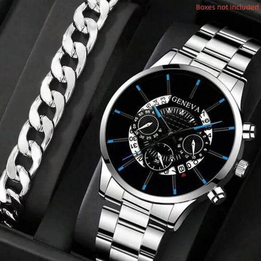 2pcs Luxury Men’s Stainless Steel Business Watches – Calendar & Quartz Movement
