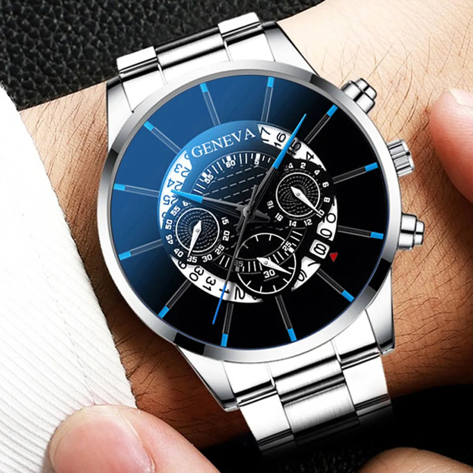 2pcs Luxury Men’s Stainless Steel Business Watches – Calendar & Quartz Movement
