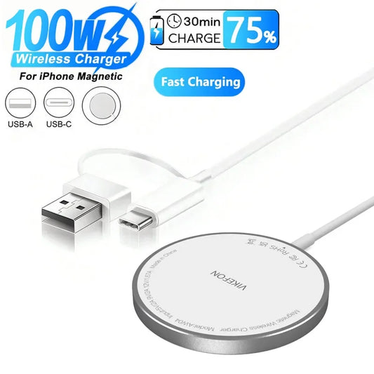 Magnetic Wireless Charger Pad – 100W Fast Charging Dock for iPhone (USB & Type-C Compatible)