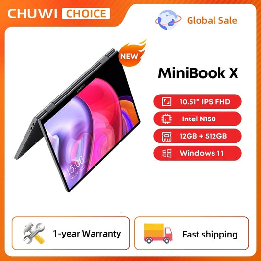CHUWI MiniBook X 2-in-1 Laptop Tablet - 10.51" FHD IPS Screen, Intel N150 CPU, 12GB RAM, 512GB SSD, Windows 11