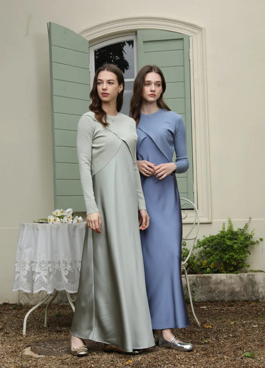 Elegant Satin Maxi Dress with Matching Knitted Top – 2-Piece Spring Summer Outfit for Women 2025