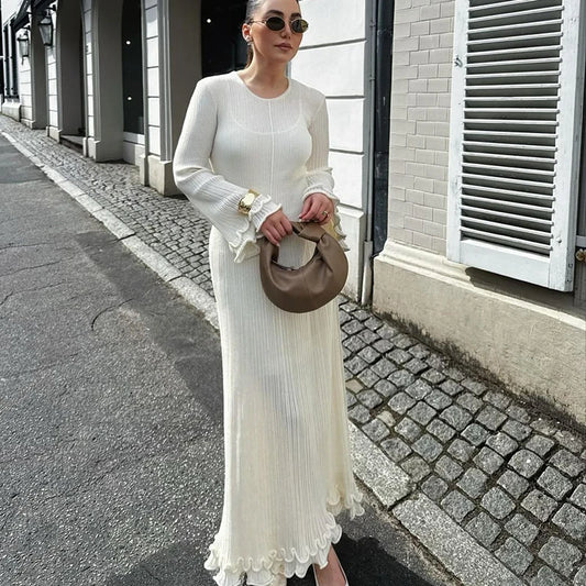 Elegant Ruffle Pleated Long Dress – Chic Autumn/Winter Party Outfit