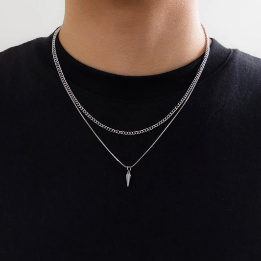KunJoe 2pcs/set Stainless Steel Metal Rivet Pendant Thin Snake Chain Necklace for Men - Punk Silver Color Cuban Link Chain Choker